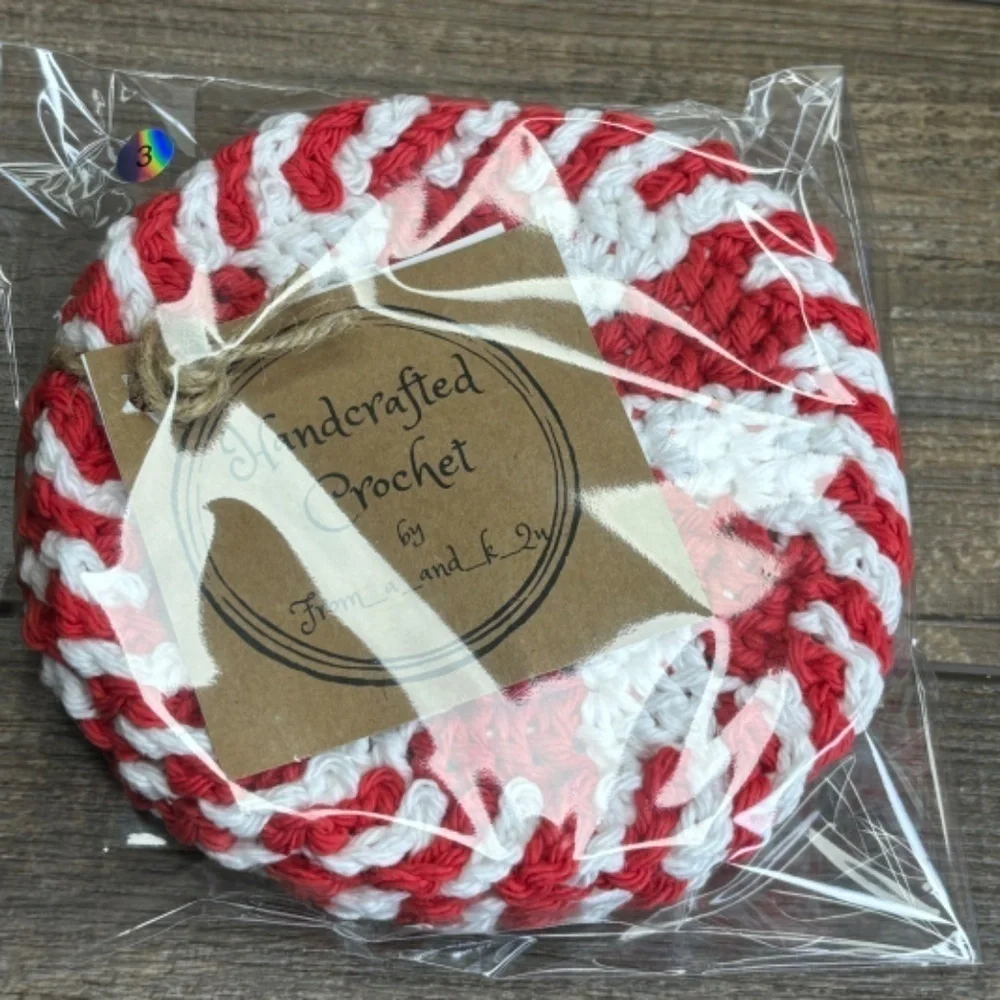 Handcrafted Crochet Peppermint Coasters Christmas Holiday‎ Set of 4 Cotton